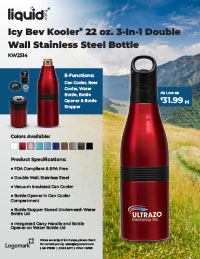 KW2514 - Liquid Fusion® Icy Bev Kooler® 22 oz. 3-In-1 Double Wall Stainless Steel Bottle